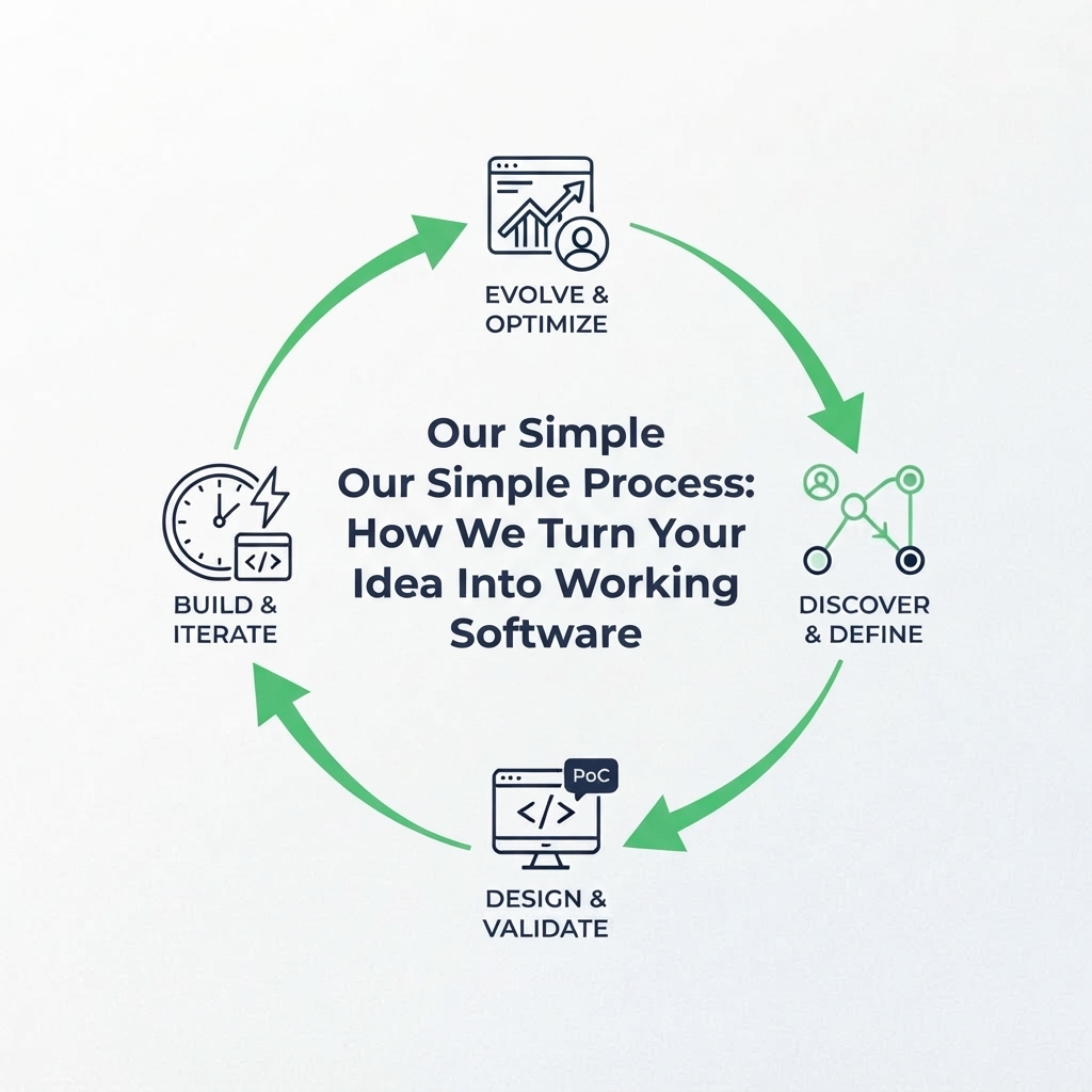 in the midle don't add the logo add this txt Our Simple Process: How We Turn Your Idea Into Working Software